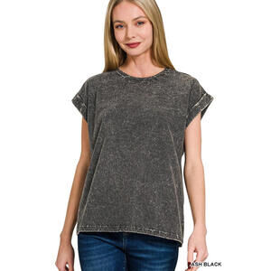 Crinkle Wash Cotton Folded Sleeve Top Relaxed Fit by Zenana